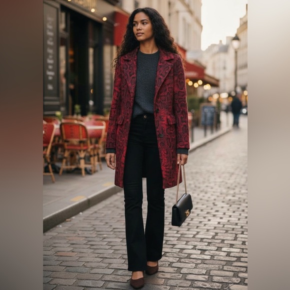 NWT Sofia Cashmere Animal Print Long Coat in Red & Black Size 4